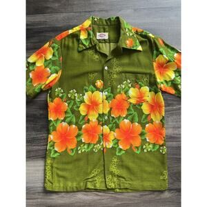 1960s Pomare Shirt Hawaiian Bright Floral Barkcloth Hippy Vtg 60s Mens Small